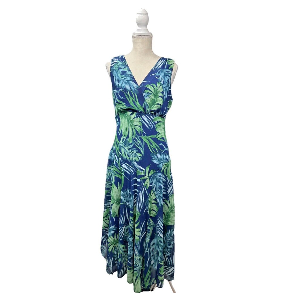 Rabbit Rabbit Rabbit Tropical Dress Size 12 Blue Green V Neck Asymmetrical Hem